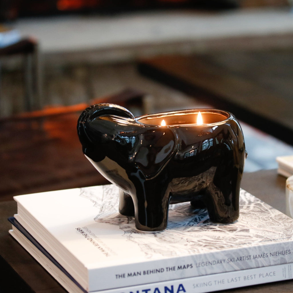 black elephant candle with 2 cotton wicks
