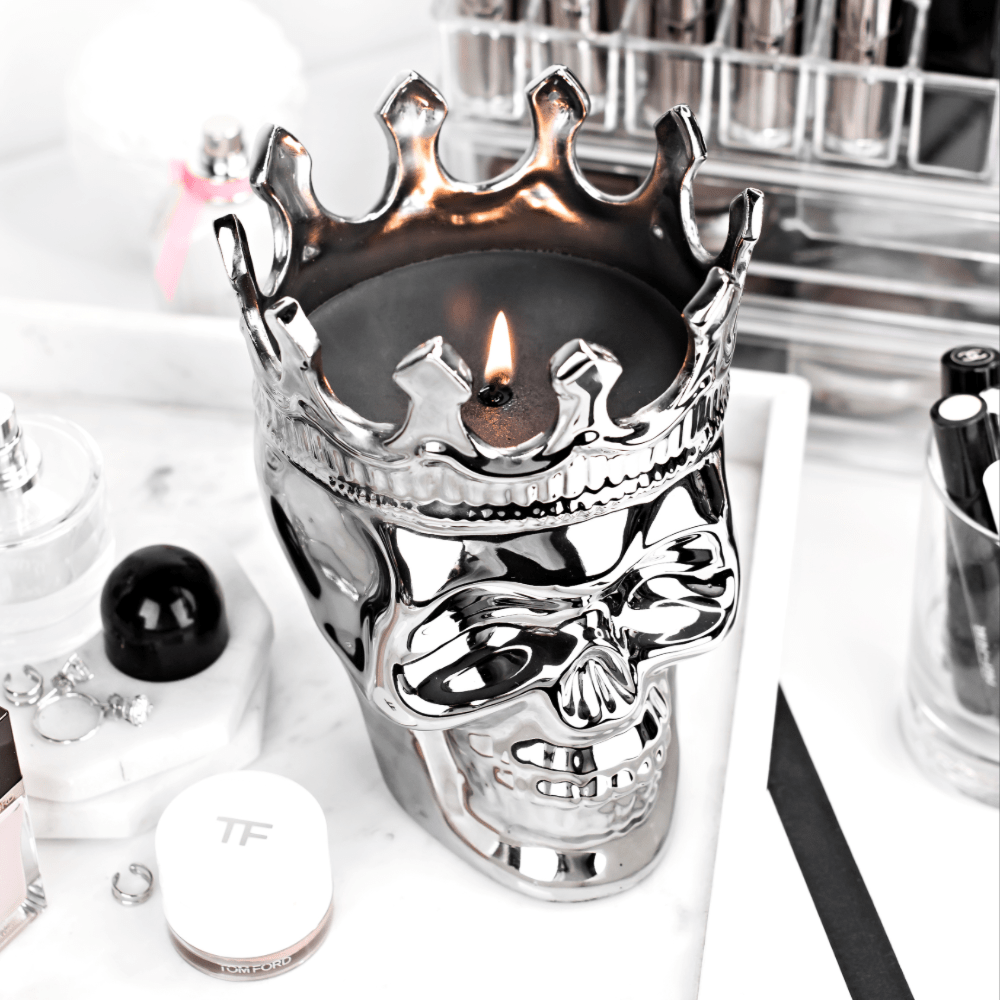 Thompson Ferrier silver skull candle with crown and black wax and 1 wick
