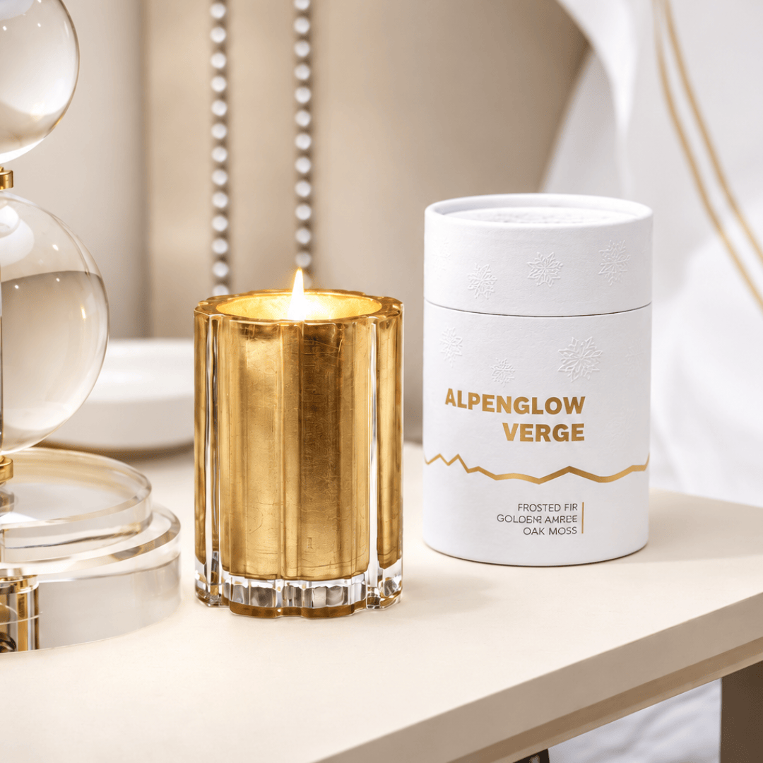 A gold cylindrical candle tin labeled 'ALPENGLOW VERGE' sits beside a lit gold candle in a faceted glass holder on a light tabletop. The background is softly blurred with neutral decor and bead strands.