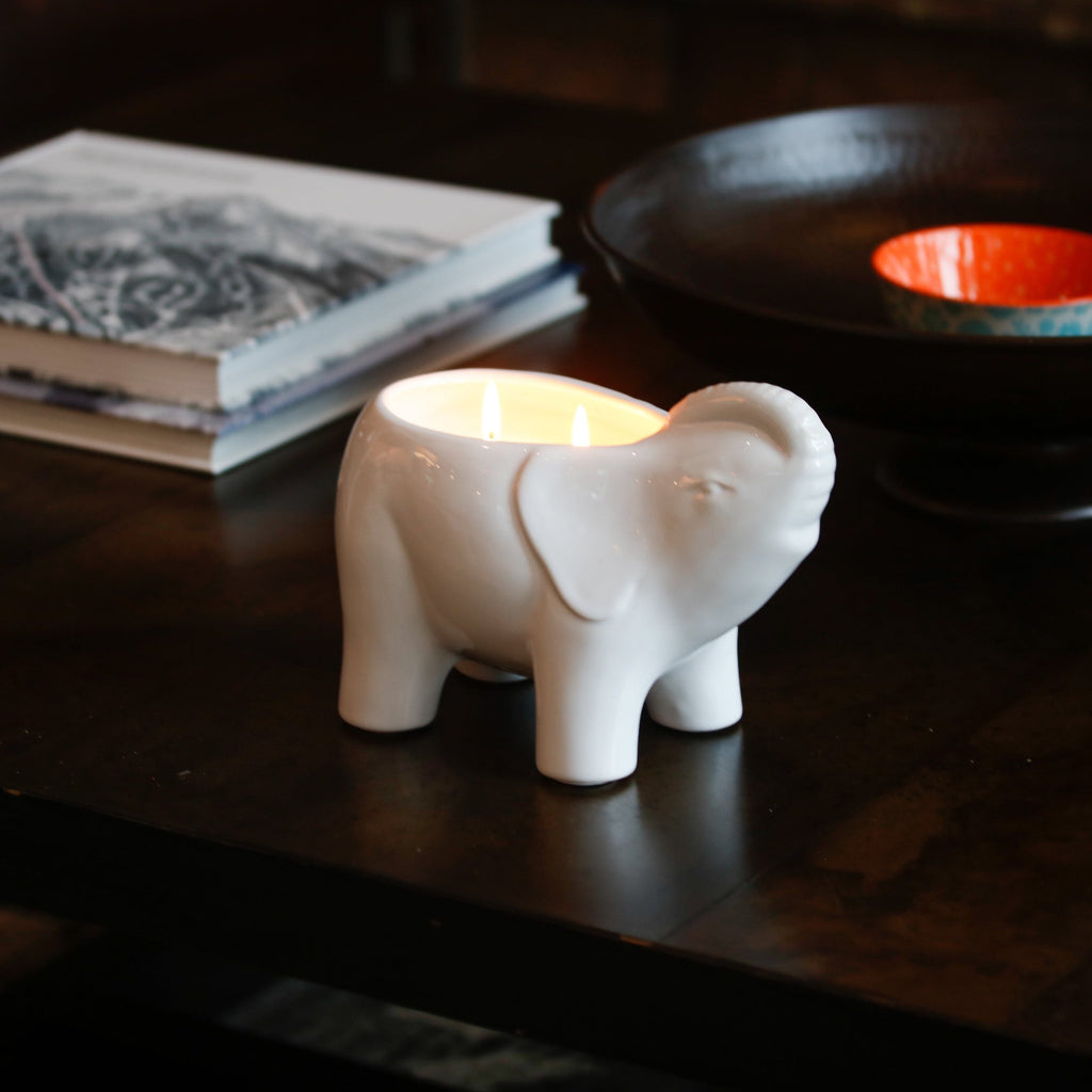 white elephant candle with 2 lit cotton wicks