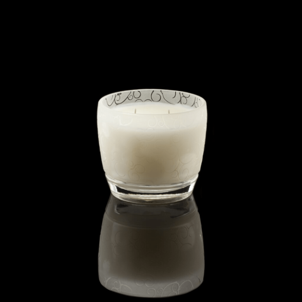 frosted glass vessel with engraved etching, white wax and two cotton wicks