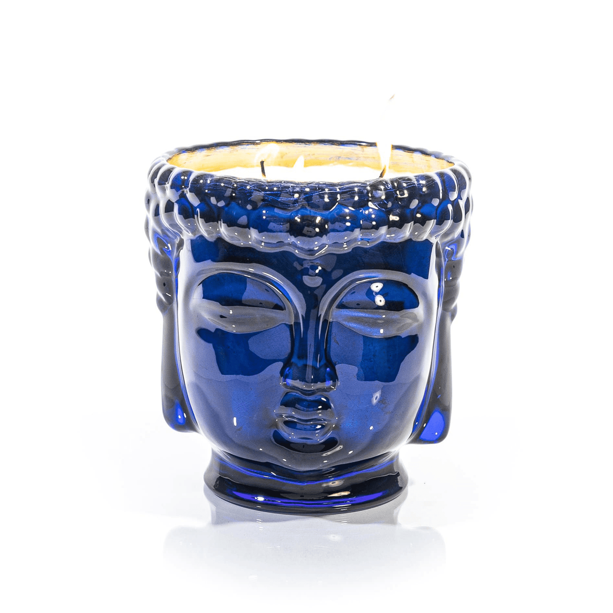 24K Gold Sapphire Blue Glass Buddha Candle, 3-Wick